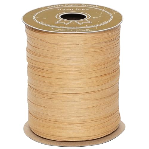 HAMUIERS Raffia Ribbon for Gift Wrapping, Packing Paper Twine, Craft Ribbon Raffia Yarn for Crochet - 1/4'' Wide, 100 Yards, Kraft