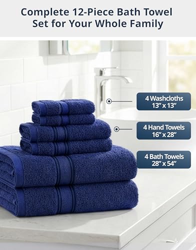 Image of Lane Linen Luxury Bath Towels Set - 12 Piece Set, 100% CottonBathroom Towels, Zero Twist, Extra Absorbent Super Soft, 4 Bath Towel, 4 Hand Towel, 4 Wash Cloths - Navy