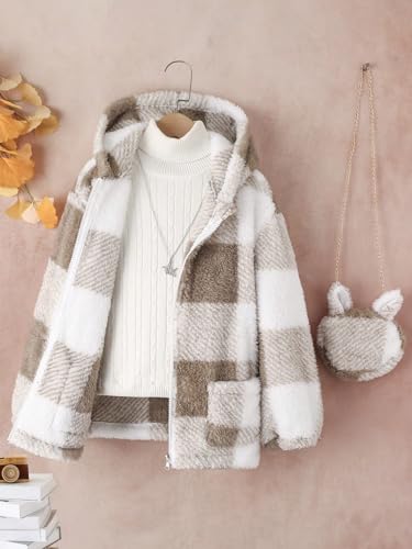 SOLY HUX Girl's Plaid Fuzzy Hoodies Jacket Zip Up Long Sleeve Coat Outerwear with Bag3
