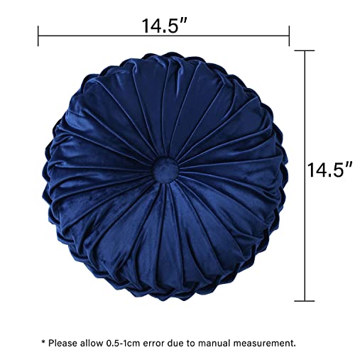 Hig Set Of 2 Decorative Round Pleated Throw Pillows, Classy Accent Pumpkin Throw Pillows With Center Button, Vintage Velvet Floor Pillows For Sofa Couch Vanity Chair Bed, Navy, 14.5" Diameter(Ripple) #TOP4