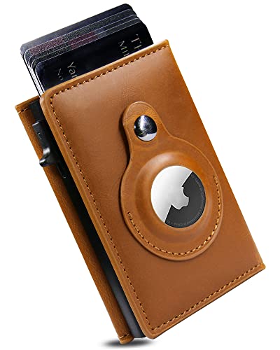 Upgraded Leather Smart Wallet with Airtag Holder, Minimalist Apple AirTag Wallet Men with ID Window for RFID Blocking