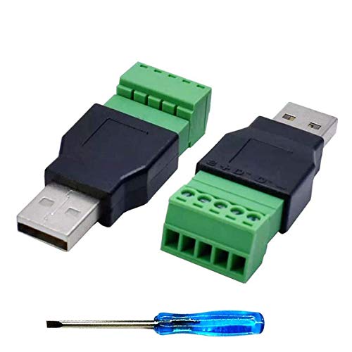 Greluma 2 Piezas Conector de Bloque de Terminales de Tornillo USB 2.0 A con un Destornillador, Enchufe Macho USB 2.0 A a Perno Hembra de 5 Pines