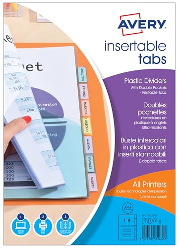 Avery intercalaires classeur A4 plastique avec double pochette plastique transparente, 8 onglets personnalisables imprimables, format A4 maxi pour documents...