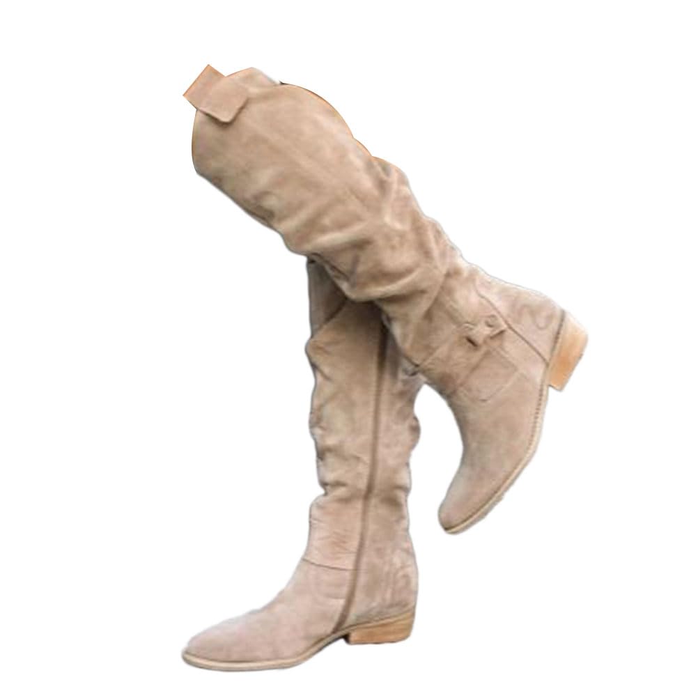 shownicer Botte Hautes Femme Daim Bottes Elegant Bout Rond Bottines Automne et Hiver Talon Bas Boots Confortable Chaussures