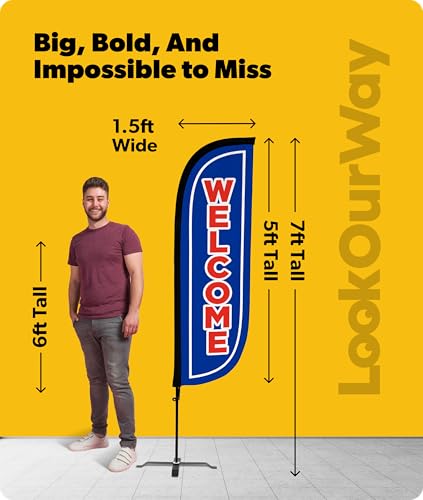 Image of LookOurWay Feather Flag Set - 5ft Tall Advertising Banner Flag with Pole Kit and X-Stand for Business Promotion - Welcome Blue /Red