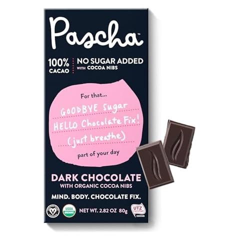 Pascha Organic Sugar Free Keto Dark Chocolate Bars (UTZ/Gluten Free & Non GMO/No Added Sugar), 100% Cacao With Cocoa Nibs, 28.2 Oz (Pack Of 10) Cover