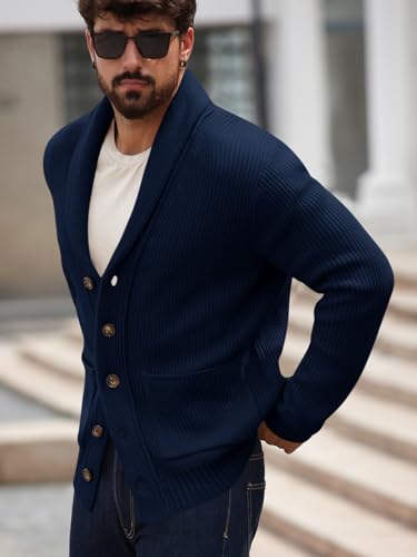 Runcati Mens Shawl Collar Cardigan Sweater Button Down Ribbed Knit Sweaters Chunky Casual Cardigan with Pockets3