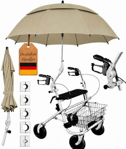 FabaCare Rollatorschirm Protektor 2.0 Air-Vent Modell 2026 (Doppeldachsystem) windstabiler Regenschirm & Sonnenschirm mit Halterung für Rollatoren passend für Rundrohre & Ovalrohre Gelbgrau
