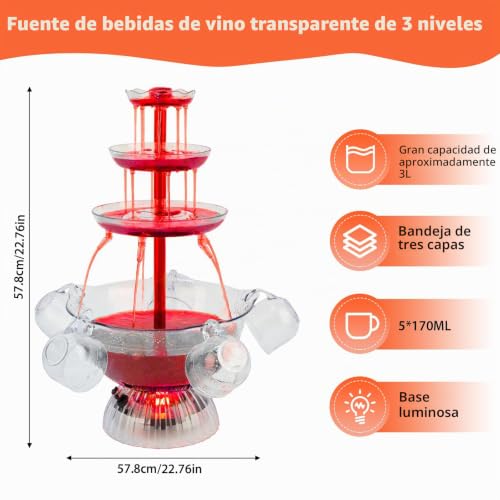 Miniatura 2 de Fuente De Fiesta Transparente De 3 Etapas, Fuente De Fiesta De Vino Tinto Con 5 Tazas, Para Bebidas De Vino Líquido, Base Iluminada Con Led, Colocación Estable, Para Juegos De Bebidas, Bares