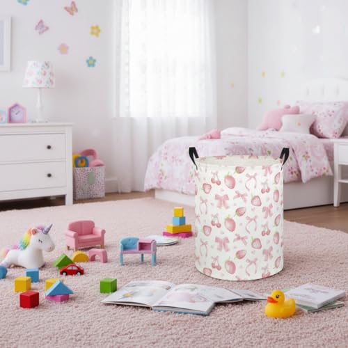 Image of Baby Laundry Hamper kids laundry Basket Waterproof Laundry Bag for Bedroom Clothes Organizer Room Decor(Bowknot strawberry)