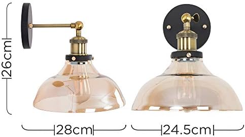MiniSun Pair of - Steampunk Style Black/Gold Wall Light Fittings with an Amber Tinted Glass Wide Shade - Complete with 4w LED Filament Bulbs [2700K Warm White]