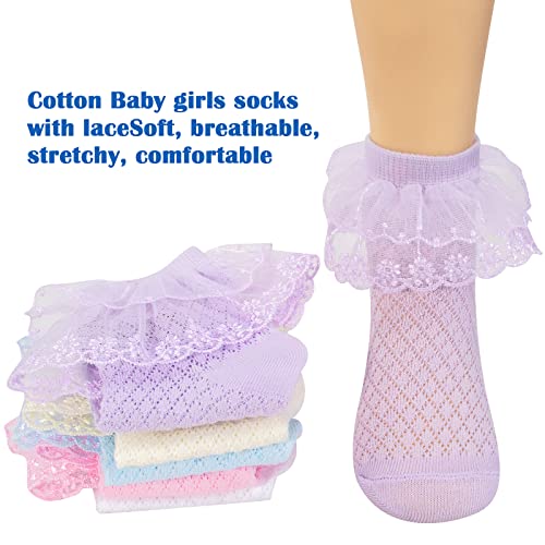 Looching 5 Pairs Toddler Baby Girls Ruffle Lace Trim Socks Eyelet Mesh Cotton Frilly Ankle Soft Dress Socks Kids Princess Socks 2-13T #TOP1