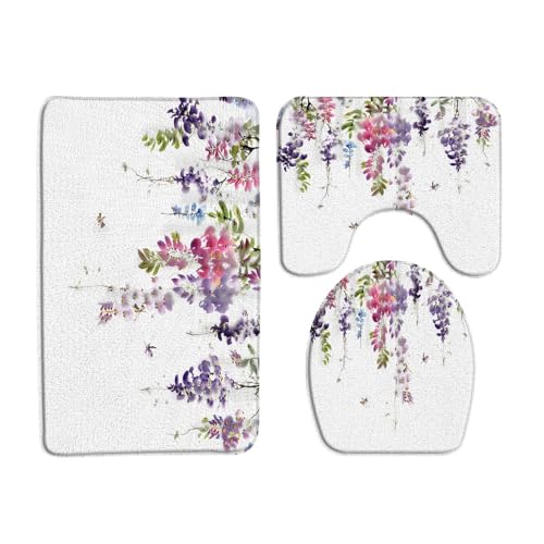 VPUPCN Purple Floral 3 Pcs Bath Rugs Set,Watercolor Wisteria Flower Blossom Vine Rustic Farmhouse Spring Bathroom Kitchen Rug with 16