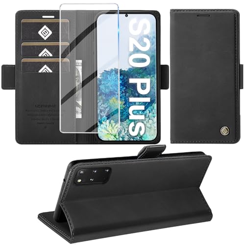 Giyer Handyhülle für Samsung Galaxy S20 Plus Hülle mit Displayschutzfolie Schutzhülle Galaxy S20 Plus Leder Wallet Flip Case Standfunktion Kartenfach Klapphülle für Samsung S20 Plus Cover (Schwarz)