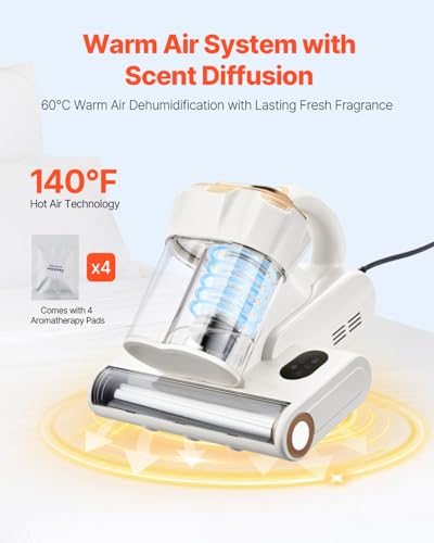 Image of VEVOR Mattress Vacuum Cleaner, 550W Bed Vacuum Cleaner with 18Kpa Powerful Suction and Dual Dust Bin, HEPA Filter & Heating, Ultrasound Tech & Cleaning Lights, Handheld for Bed, Sofa, Corded, White