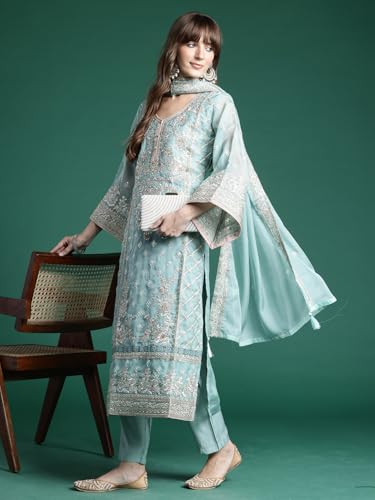 Image of INDO ERA Women's Straight Organza Ethnic Motifs Embroidered Kurta and Pant with Dupatta Set (KH9PH10614)