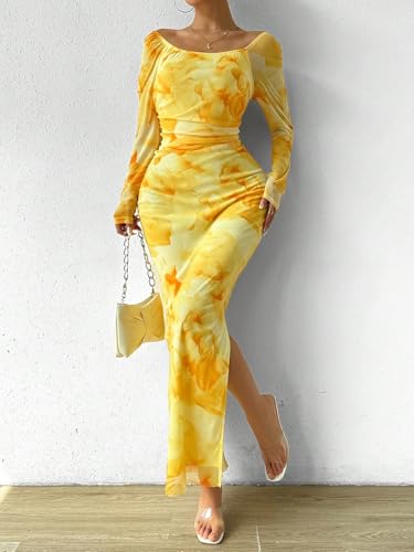Image of LIGHT DOT Women's Printed Off Shoulder Maxi Dress Long Sleeve Bodycon Ruched Mesh Cocktail Dress