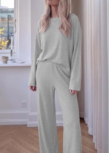 KIRUNDO Fall Ribbed Knit 2 Piece Lounge Set Women(Light Grey, X-Large) — view 4