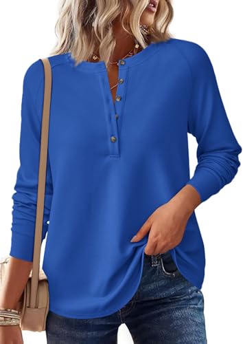 Image of PRETTYGARDEN Women's Long Sleeve Waffle Knit Henley Shirts