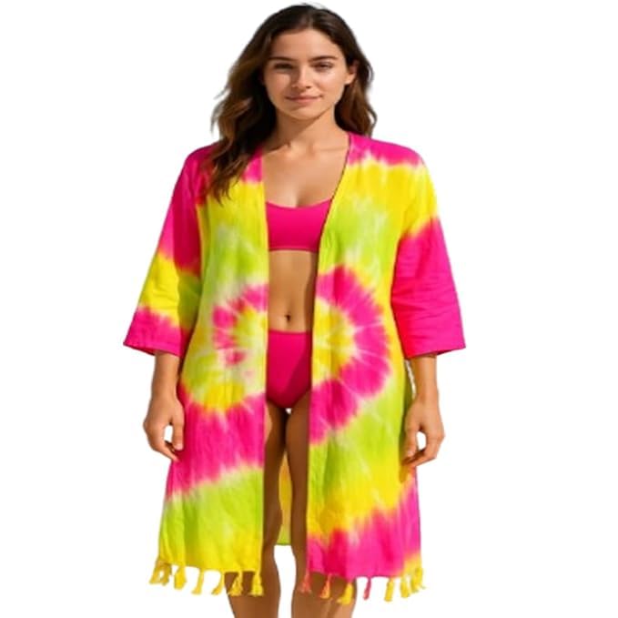 ukal Summer Tie-Dye Beach Cover Up, Beach Wear Rayon Shrug Tassel Hem-picture-34