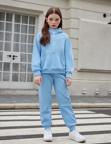 Image of Arshiner Girls 2 Piece Outfits Sweatsuit Half Zip Sweatshirt and Sweatpants | Fall Winter, Drop Shoulder Long Sleeve, Thumbhole Hoodies, with Sweatpant, Jogger Set, Sweat Set, Tracksuits with Pockets