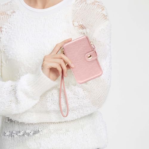 Image of M-Plateau RFID Blocking Keychain Wallet With Leather Wrist Strap | Keychain Wristlet, Womens Card Holder with Zipper Coin Pocket and ID Window (Pink)