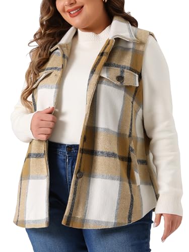 Agnes Orinda Plus Size Coat for Women Plaid Vest Coat Slash Pocket Sleeveless Button Down Jacket Outerwear2