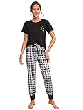 DIDK Damen Schlafanzug Set Pyjama Set Kurzarm Shirt und Lang Schlafanzughose Sleepwear Zweiteilig Loungewear Muster 175 XS