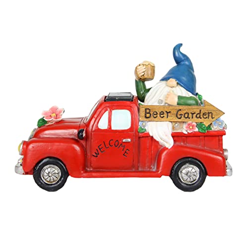 Exhart Garden Sculpture, Solar Beer Truck Driving Garden Gnome Statue, LED Lights, Outdoor Garden Decoration, 10 x 4.5 x 7 Inch