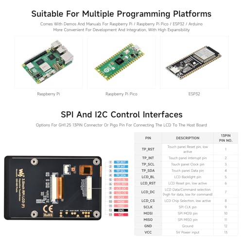 Image of Waveshare 3.5inch Capacitive Touch Display, Compatible with Raspberry Pi 5 /4B /3B, Pi Pico, IPS Panel, 320x480, 5-Point Touch, Immersion Gold Process, Toughened Glass Panel