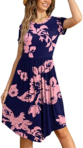 LAINAB Womens Short Sleeve Pink Floral Casual Summer Dress Navy M