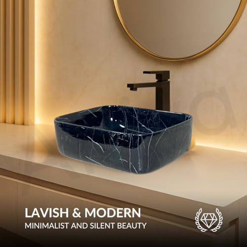 Image of Artiva Ceramic Wash Basin /Tabletop Washbasin For Bathroom,12 inchx16 inch /Small Countetop Bathroom Basin /Table Top Basin For Home,Office,Hotel /Rectangle Glossy Sink (Lina Black,12x16 Inch)