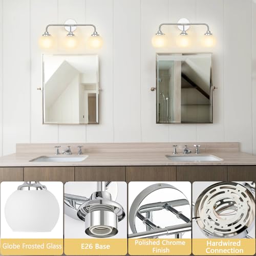 Image of Bathroom Light Fixtures, Chrome Modern 3-Lights Vanity Light Over Mirror, Globe Bathroom Lights with Milky White Glass Shade for Bedroom Living Room Farmhouse 22 inch