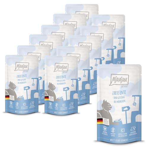 MjAMjAM - Premium Nassfutter für Katzen - Quetschie - zarte Ente & Geflügel an leckeren Möhrchen, 12er Pack (12 x 125 g), getreidefrei mit extra viel Fleisch