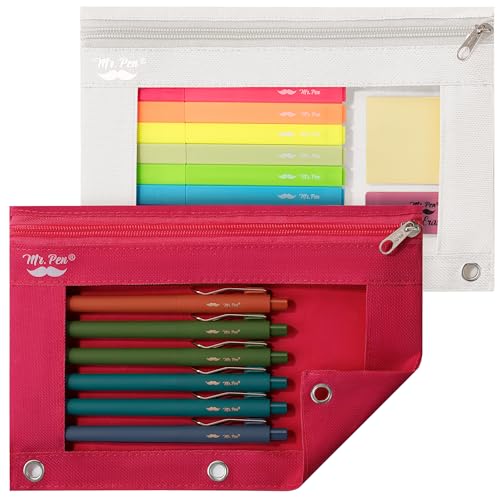 Image of Mr. Pen- Pencil Pouch for 3 Ring Binder, 2 Pack, 10 inchx6.75 inch, Smooth Zipper | Clear Window, Large Capacity Pencil Case with 3 Reinforced Grommets for School, Office, Supplies Storage | Clear Window, Large Capacity Pencil Case with 3 Reinforced Grommets for School, Office, Supplies Storage