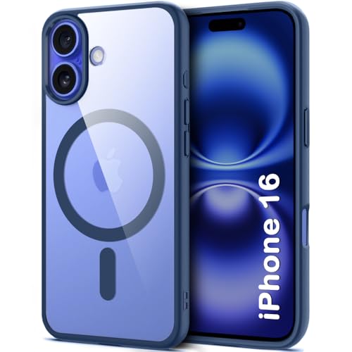 Image of TheGiftKart Ultra-Hybrid Back Cover Case for iPhone 16 Compatible with MagSafe | Camera Protection | Crystal Clear Transparent Back Cover Case for iPhone 16 (PC & TPU, Blue Bumper)