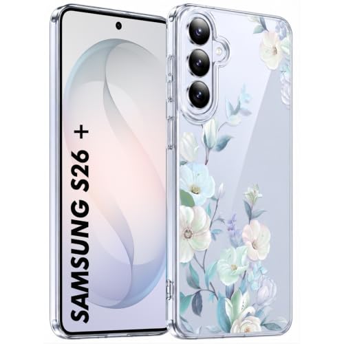 Image of Elzzi Compatible with Samsung Galaxy S26 Plus 5G Case, Clear Transparent Floral Back Cover, Shockproof PC+TPU Protective Case, Wireless Charging Support, Blue