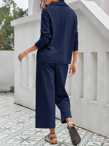 Imily Bela Womens 2 Piece Outfits Sweatsuit Long Sleeve Lapel V Neck Shirt and Wide Leg Pants 2025 Fall Trendy Tracksuit3