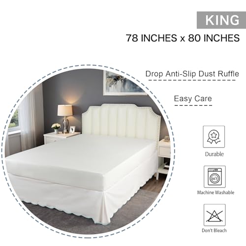 HIG Off White Chic King Bed Skirt - Easy Fit Scallop Edge Pleated Bedskirts, 14 Inch Drop Anti-Slip Dust Ruffle, Thick Fabric for Enhanced Privacy, Pre-Washed for Long-Lasting Use(N60022)