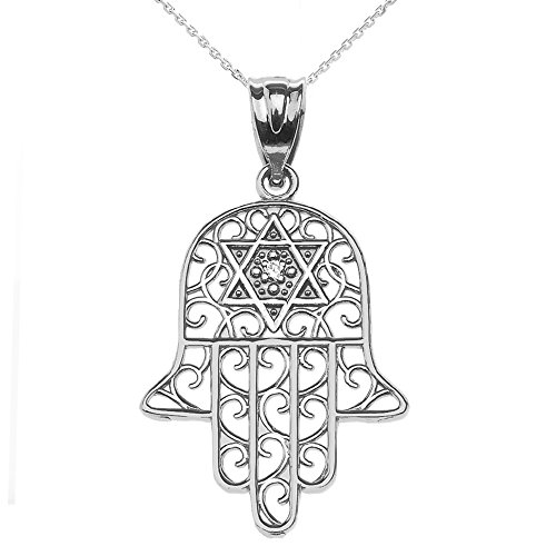 Jewish Jewelry by FDJ 14k White Gold Hamsa Hand with Star of David Diamond Centered Pendant Necklace 18"