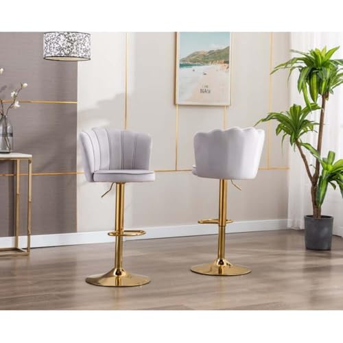 Image of Dream Furnishing - Set of 2 Bar /Kitchen Chairs 360 Degree Rotatable Swivel Elegant Classy & Comfortable Chair with Golden Base and Velvet Fabric (2 Chairs) (Grey Flower)