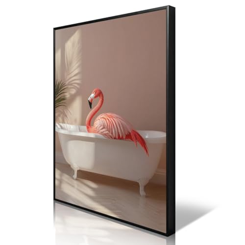 ytreyoimro Animal Bathroom Canvas Wall Art, Flamingo In Bathtub Poster, Cute Animal Enjoying A Bubble Bath Print Painting, Humor Flamingo Picture for Guest Washrooms Restroom 8x12in Unframed