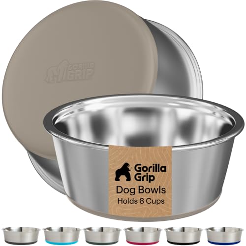 Image of GORILLA GRIP Dog Bowls, Food Grade 304 Stainless Steel, Holds 8 Cups Each (64 fl oz) Food and Water Bowl for Feeding Dogs and Cats, Dishwasher Safe, Rust Resistant, BPA Free Rubber Base Set of 2 Beige