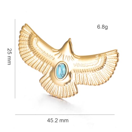 18K Golden Plated Eagle Statement Open Ring Stainless Steel Turquoise Flying Bird Wings Promise Expandable Finger Band Wedding Engagement Rings Fashion Jewelry Gifts for Women Bff3