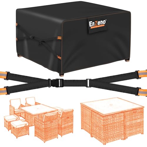 Enzeno Housse pour meubles de jardin avec grille d'aération, housse imperméable pour table et chaise en rotin, tissu Oxford 500D, coupe-vent, cube/carré, 125 x 125 x...