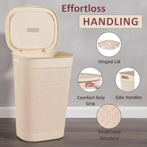 Image of 70 Ltr Plastic Big Laundry Basket for Clothes with Lid & Carry Handles | Lightweight & Ventilated Design Cloth Basket - Ideal for Home Organization and Storage | Cream