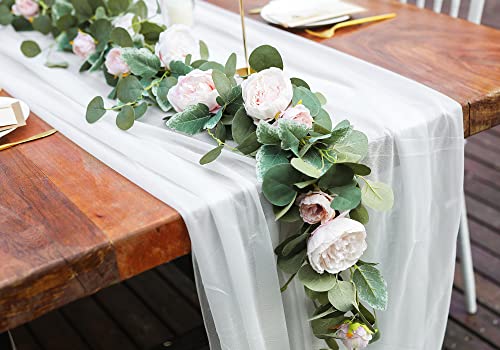 Misspin 2Pcs Artificial Flowers Garland Eucalyptus Garland Vintage Fake Flower Peony Rose Vine Greenery Decorative Wall Hanging Plant For Wedding Arch Door Arrangement Party Decor (Light Pink,2Pcs) #TOP4
