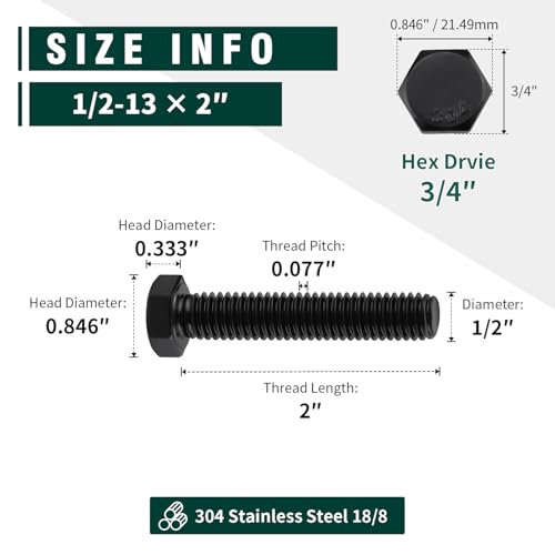 Image of 1 /2-13 x 2 Hex Head Bolts Black, 304 Stainless Steel 18-8 Hexagon Head Screws Bolts, Black Oxide Finish, Allen Hex Drive, 6 PCS
