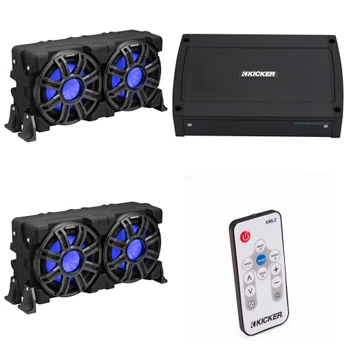 Kicker (2) 51MWLE104 - MWE 10-Inch Loaded Premium Marine Sub Encl w/Passive Radiator 4ohm & 48KXMA12002 Marine Amp Bundle (Includes LED Remote)