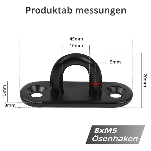 Winter Shore M5 Deckenhaken Schwerlast (8er-Pack) - 50 mm Augplatte Edelstahl zum Aufhängen von Pflanzen - Schwerlasthaken Decke für Lichterketten im Freien - Augplatte Schwarz für Hängepflanzen